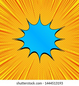 Comic elegant and bright template with blue speech bubble halftone dotted and rays effects on orange background. Vector illustration