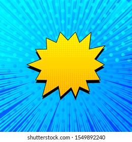 Comic elegant burst concept with yellow speech bubble on blue background with light and dark dotted and rays effects. Vector illustration