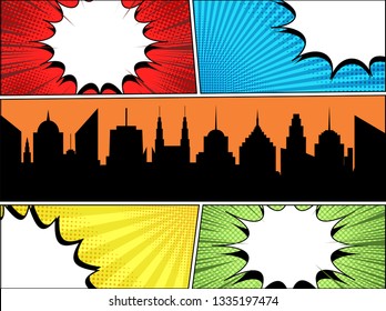 Comic elegant colorful composition with black cityscape white speech bubbles radial rays halftone effects. Vector illustration