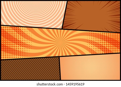 Comic elegant composition with radial slanted lines halftone circles rays dotted humor effects in orange colors. Vector illustration