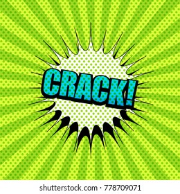 Comic elegant page template with blue Crack inscription, white speech bubble, green dotted effects on radial background. Vector illustration