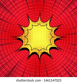 Comic elegant red background with yellow speech bubble rays circles halftone effects. Vector illustration