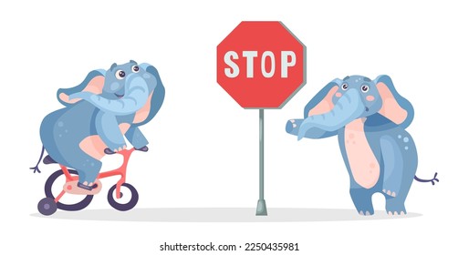 Comic elephant riding bicycle and stop sign vector illustration. Cartoon drawing of elephant warning big animal character with trunk on bike on white background. Wildlife, traffic safety concept