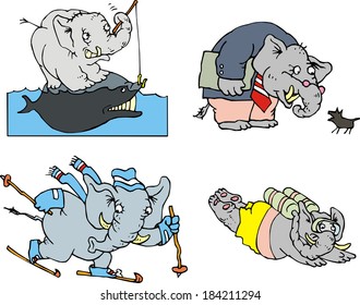 Comic elephants. Set of cartoon vector illustrations.
