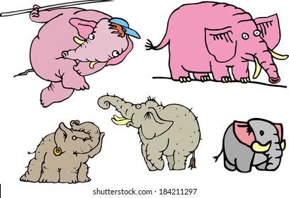 Comic elephants. Set of cartoon vector illustrations.