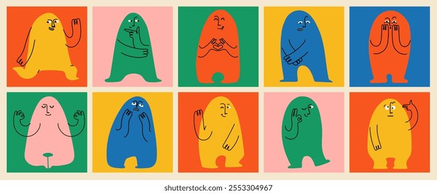 Ícones de personagem preto emoji com mãos e olhos. Vários gestos com os dedos, sinais e símbolos. Vetor desenho animado abstrato moda plana isolada face emoções conjunto