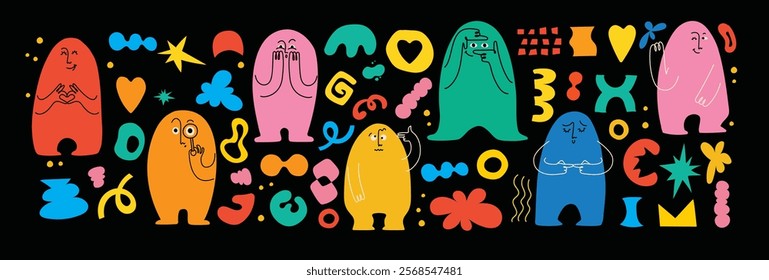 Comic emoji black character icons with hands and eyes and various color geometric shapes, signs and symbols. Vector cartoon abstract trendy flat isolated face emotions set