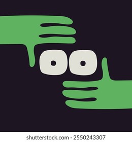 Comic emoji black icon with hands and eyes. Various finger gestures, signs and symbols. Vector cartoon abstract trendy flat isolated face emotions set