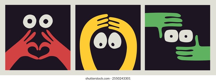Comic emoji black icons with hands and eyes. Various finger gestures, signs and symbols. Vector cartoon abstract trendy flat isolated face emotions set