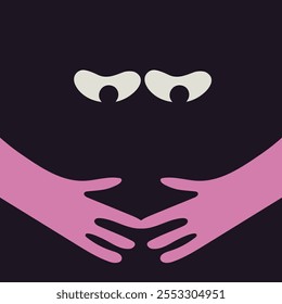 Comic emoji black icons with hands and eyes. Various finger gestures, signs and symbols. Vector cartoon abstract trendy flat isolated face emotions set