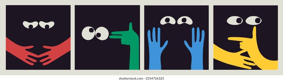 Comic emoji black icons with hands and eyes. Various finger gestures, signs and symbols. Vector cartoon abstract trendy flat isolated face emotions set