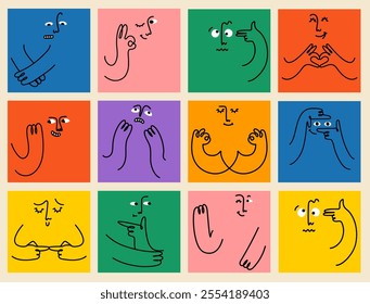 Comic emoji color icons with hands and eyes. Various finger gestures, signs and symbols. Vector cartoon abstract trendy flat isolated face emotions set