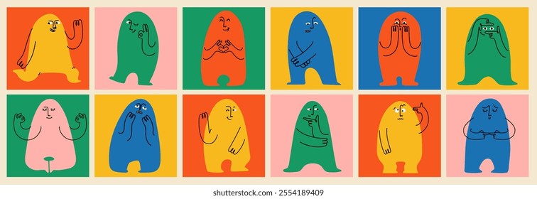 Comic emoji color icons with hands and eyes. Various finger gestures, signs and symbols. Vector cartoon abstract trendy flat isolated face emotions set