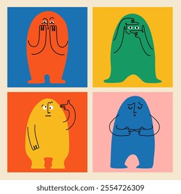 Comic emoji color icons with hands and eyes. Various finger gestures, signs and symbols. Vector cartoon abstract trendy flat isolated face emotions set