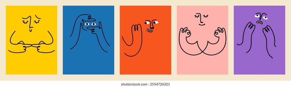 Comic emoji color icons with hands and eyes. Various finger gestures, signs and symbols. Vector cartoon abstract trendy flat isolated face emotions set