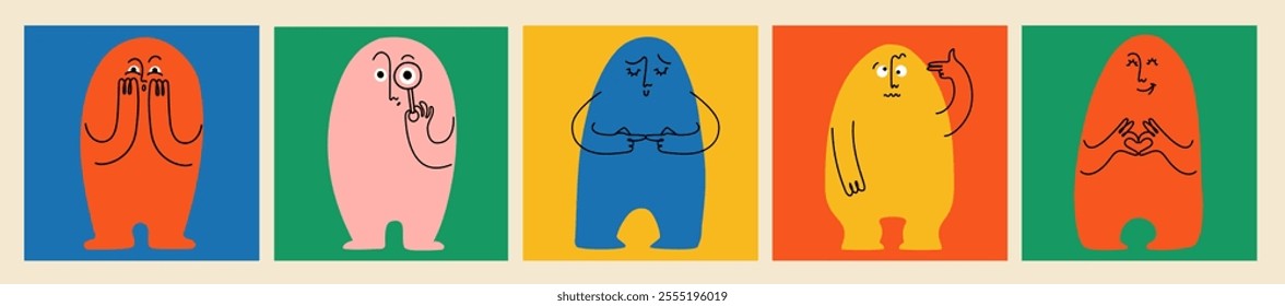Comic emoji color icons with hands and eyes. Various finger gestures, signs and symbols. Vector cartoon abstract trendy flat isolated face emotions set