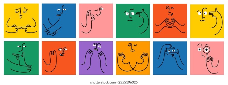 Comic emoji color icons with hands and eyes. Various finger gestures, signs and symbols. Vector cartoon abstract trendy flat isolated face emotions set