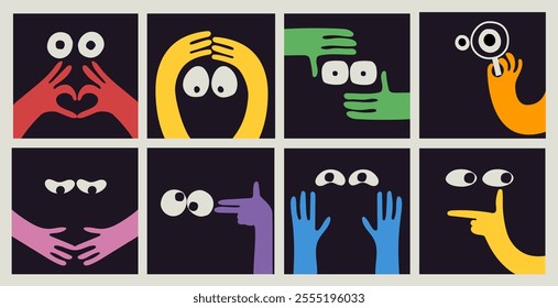 Comic emoji color icons with hands and eyes. Various finger gestures, signs and symbols. Vector cartoon abstract trendy flat isolated face emotions set