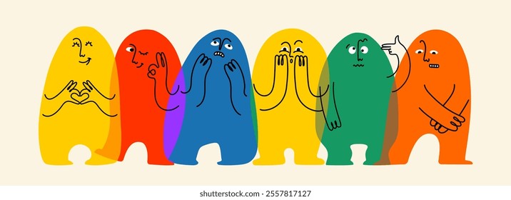 Comic emoji color icons with hands and eyes. Various finger gestures, signs and symbols. Vector cartoon abstract trendy flat isolated face emotions set