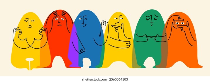 Comic emoji color icons with hands and eyes. Various finger gestures, signs and symbols. Vector cartoon abstract trendy flat isolated face emotions set