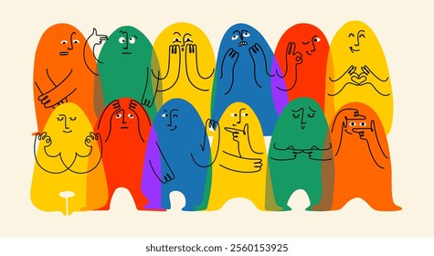 Comic emoji color icons with hands and eyes. Various finger gestures, signs and symbols. Vector cartoon abstract trendy flat isolated face emotions set