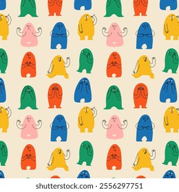 Comic emoji color seamless pattern. Various finger gestures, signs and symbols. Vector cartoon abstract trendy flat isolated face emotions set