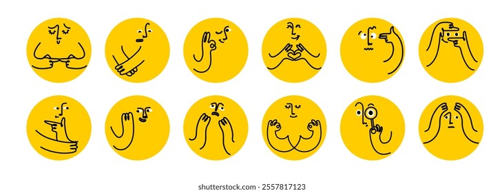 Comic emoji round icons with hands and eyes. Various finger gestures, signs and symbols. Vector cartoon abstract trendy flat isolated face emotions set