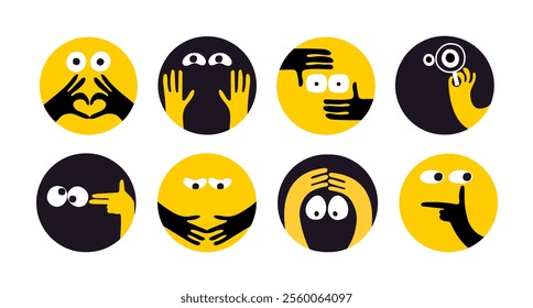 Comic emoji round icons with hands and eyes. Various finger gestures, signs and symbols. Vector cartoon abstract trendy flat isolated face emotions set