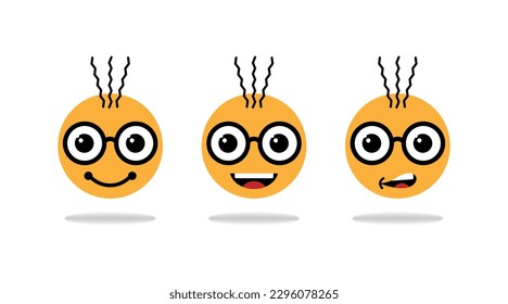 Comic emoticon character smiling, teasing and fooling facial expression with three strands of hair. Isolated funny app messenger vector icons