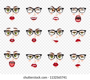 Comic emotions. Woman with glasses facial expressions, gestures, emotions happiness surprise disgust sadness rapture disappointment fear surprise joy smile despondency. Cartoon icons big set isolated.