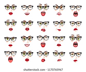 Comic emotions. Woman with glasses facial expressions, gestures, emotions happiness surprise disgust sadness rapture disappointment fear surprise joy smile despondency. Cartoon icons big set isolated.