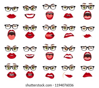 Comic emotions. Woman with glasses facial expressions, gestures, emotions happiness surprise disgust sadness rapture disappointment fear surprise joy smile despondency. Cartoon icons big set isolated.