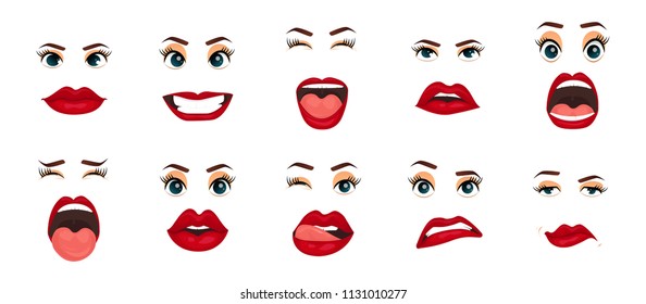Comic emotions. Women facial expressions, gestures, emotions happiness surprise disgust sadness rapture disappointment fear surprise joy, smile cry coquetry cute mouth. Cartoon icons set isolated.