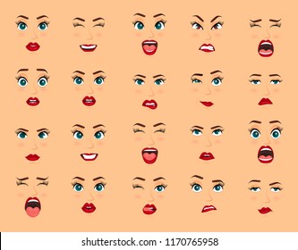 Comic emotions. Women facial expressions, gestures, emotions happiness surprise disgust sadness rapture disappointment fear surprise joy, smile cry coquetry cute mouth. Cartoon icons big set isolated.