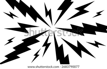 Comic emphasis design for manga book page. Radial zigzag or thunderbolt shapes on white background. Surprise or attention, boom or explosion, danger or power effect. Vector graphic illustration. 