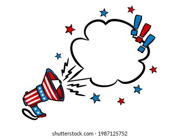 Comic empty speech bubble with shout for USA Independence Day or Election. Pop art vector illustration by July 4th in national colors of United States of America.