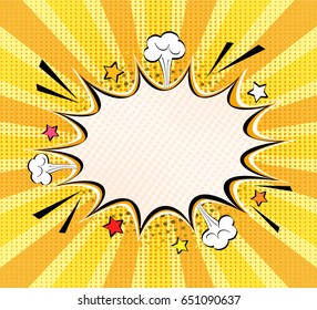 Comic empty speech bubble with space for your text, dots, stars and clouds. Vector bright dynamic cartoon illustration in retro pop art style on halftone background