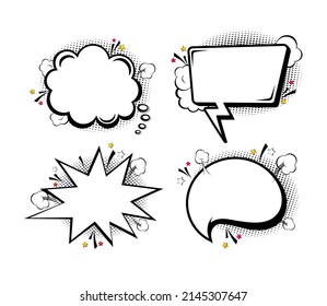 Comic empty speech bubbles on halftone dots background in retro pop art style. Vector illustration