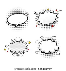 Comic empty speech bubbles on halftone dots background in retro pop art style. Vector set of dynamic cartoon funny dialog balloons sketch isolated on white background.
