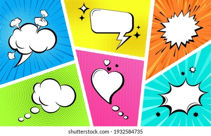 Comic empty speech bubbles set on colorful background. Sound effects in pop art style. Retro style comic banner template, cartoon background. Vector illustration