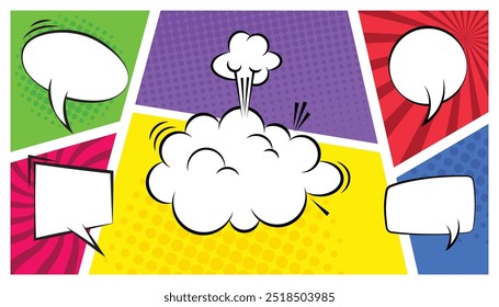 Comic empty speech bubbles set on colorful background. comic books dialog bubbles. vintage design, empty comic speech clouds. pop art style