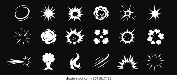 Comic energy explosion. Cartoon white explosions, fireballs and blast, impact flashes with fire flame, smoke and burst, games animation manga puff explosive effect. Boom explode vector silhouettes.