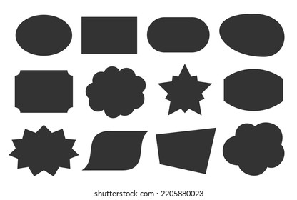 Comic epic shapes black silhouette set. Outline cartoon abstract blank template for speech bubble, message balloon, text note badge, price tag, paper memory sticker, think cloud frame, web banner