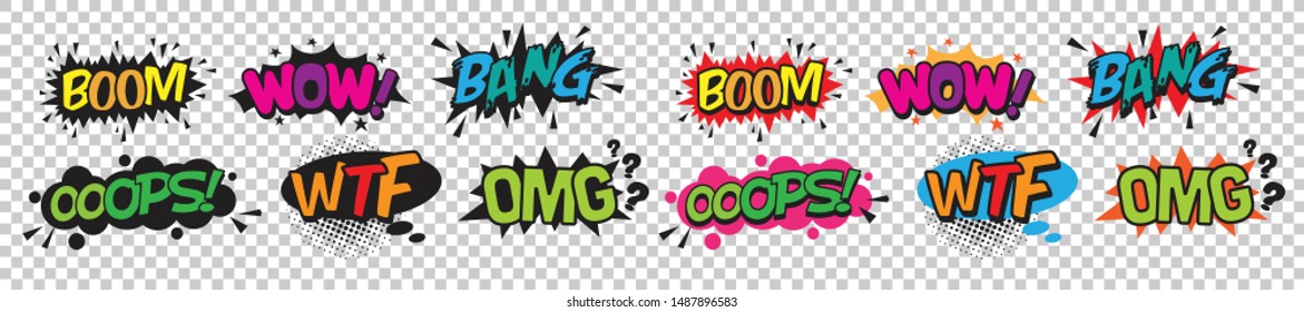 Comic Exclamations sounds in different speech bubble. Cartoon Sounds collection 