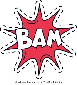 Comic explosion with bam lettering over a red star with dotted contour expressing surprise, excitement, and astonishment, ideal for comic books and graphic novels