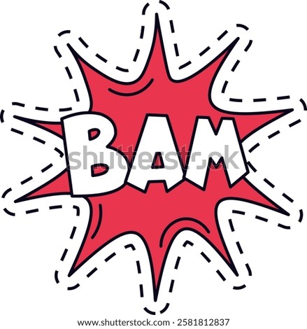 Comic explosion with bam lettering over a red star with dotted contour expressing surprise, excitement, and astonishment, ideal for comic books and graphic novels