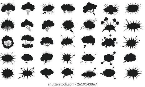 Comic explosion bubble vector set, cartoon boom burst, speech cloud, pop art effect, black silhouette

