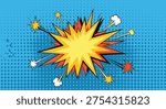 Comic explosion burst on blue background, pop art style, dynamic action scene, graphic design element