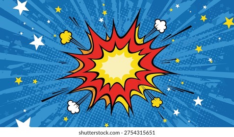 Comic explosion burst with stars and smoke on blue background