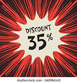 Comic explosion business concept poster with text 35 percent discount, vector illustration